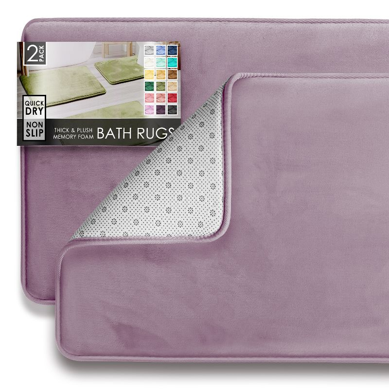 Hearth & Harbor 2 Piece Bathroom Rugs Bath Mat Set, Non-Slip Velvet Memory Foam Bath Mats, Dusty Purple