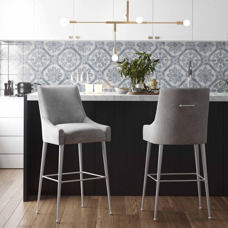 TOV Furniture Beatrix Pleated Velvet Stool Light Grey Counter Height