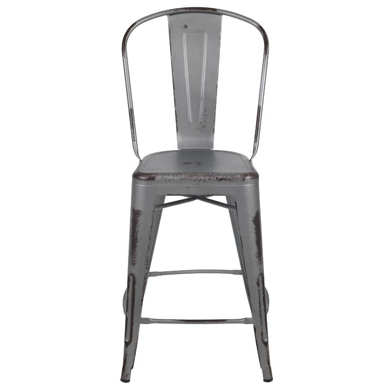 Flash Furniture Commercial Grade 24" High Distressed Silver Gray Metal Indoor-Outdoor Counter Height Stool with Back