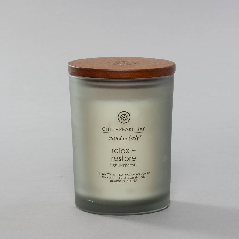 Frosted Glass Relax + Restore Lidded Jar Candle Light Gray 8.8oz - Mind & Body by Chesapeake Bay Candle: Herbal Sage, Sweet Mandarin