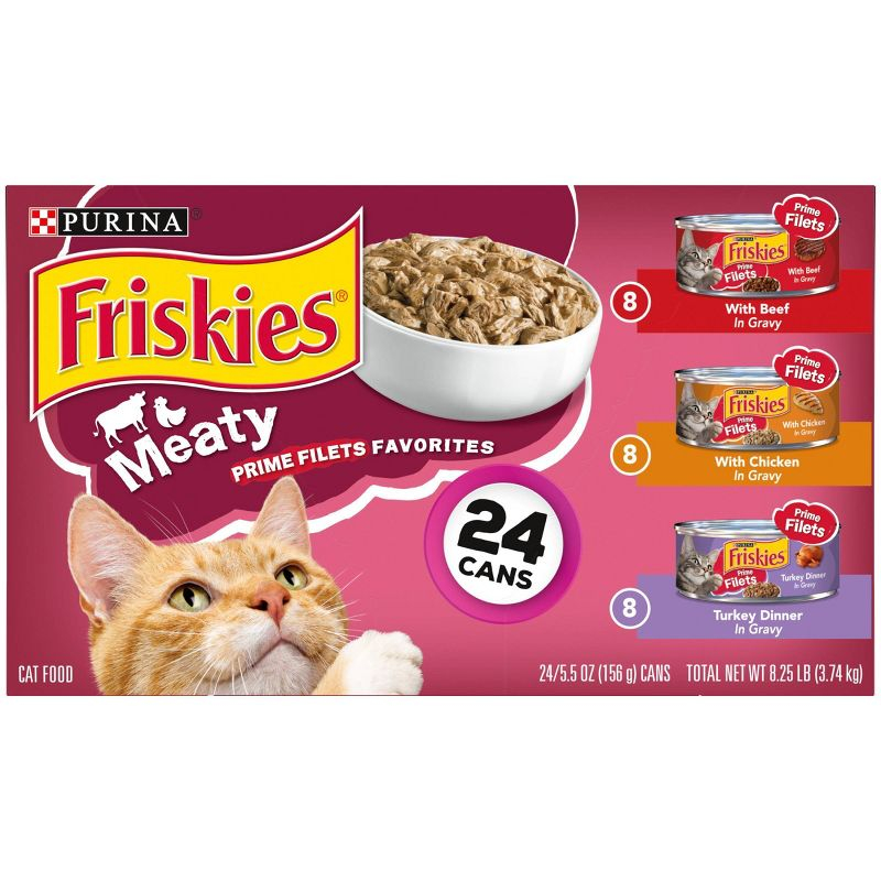 Purina Friskies Meaty Prime Filets Favorites with Chicken, Beef and Turkey Flavor Wet Cat Food - 5.5oz/24ct Variety Pack