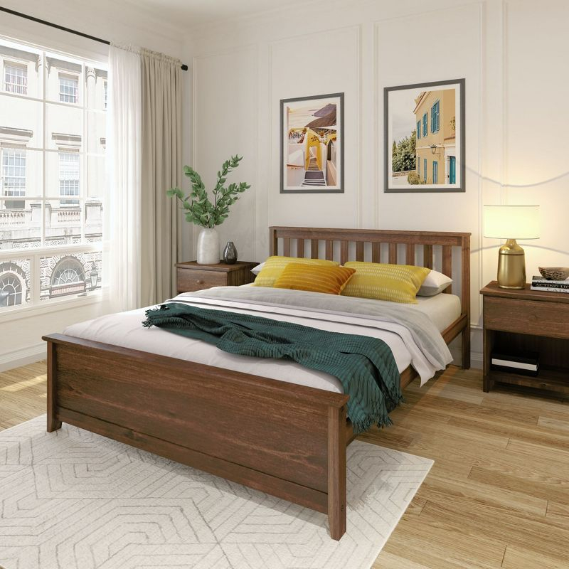 Plank+Beam Queen Bed Frame with Slatted Headboard Solid Wood Platform Bed, No box Spring Needed, Walnut