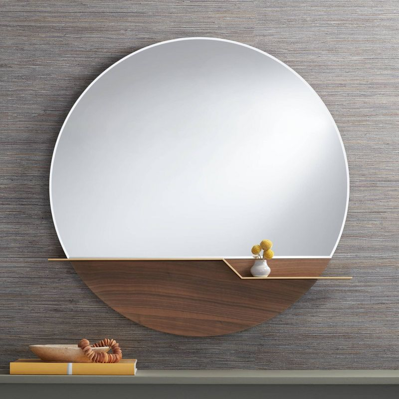 Possini Euro Design Loft Round Vanity Wall Mirror with Gold Shelf Modern Beveled Glass Brown Wood Frame 31 1/2" Wide for Bathroom