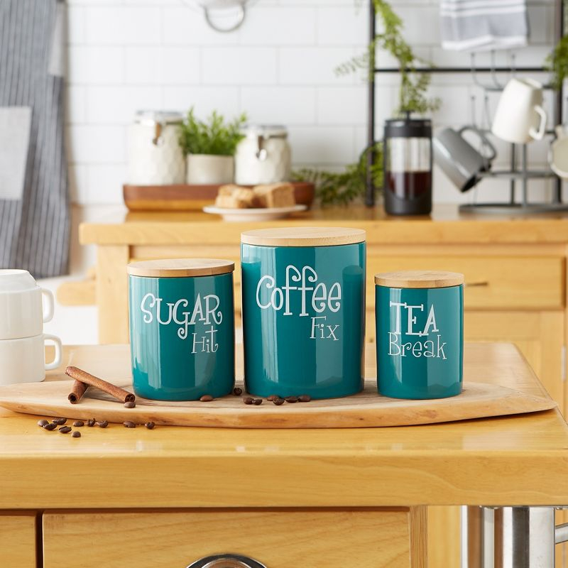 Design Imports Teal Coffee/Sugar/Tea Ceramic Canister Set/3