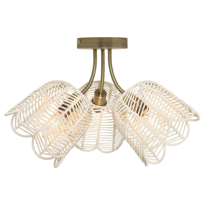 11.5" Meg Brushed Gold Metal Ceiling Light with Rattan Shade - River of Goods: Semi-Flush, 3-Light Fixture