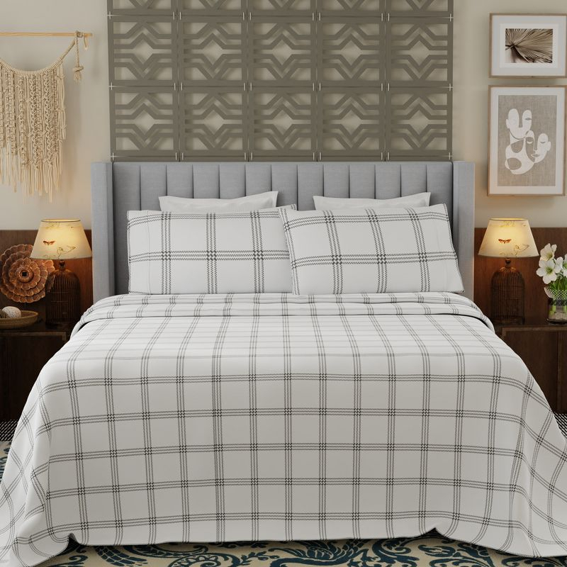 Color Sense Percale Weave Cool & Crisp Cotton Rich Sheet Set, Full, Grey Checks, 4 piece