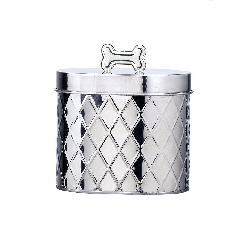 Amici Pet Metal Treats Storage Canister Stainless Steel Diamond Texture Jar, 52 oz. , Silver