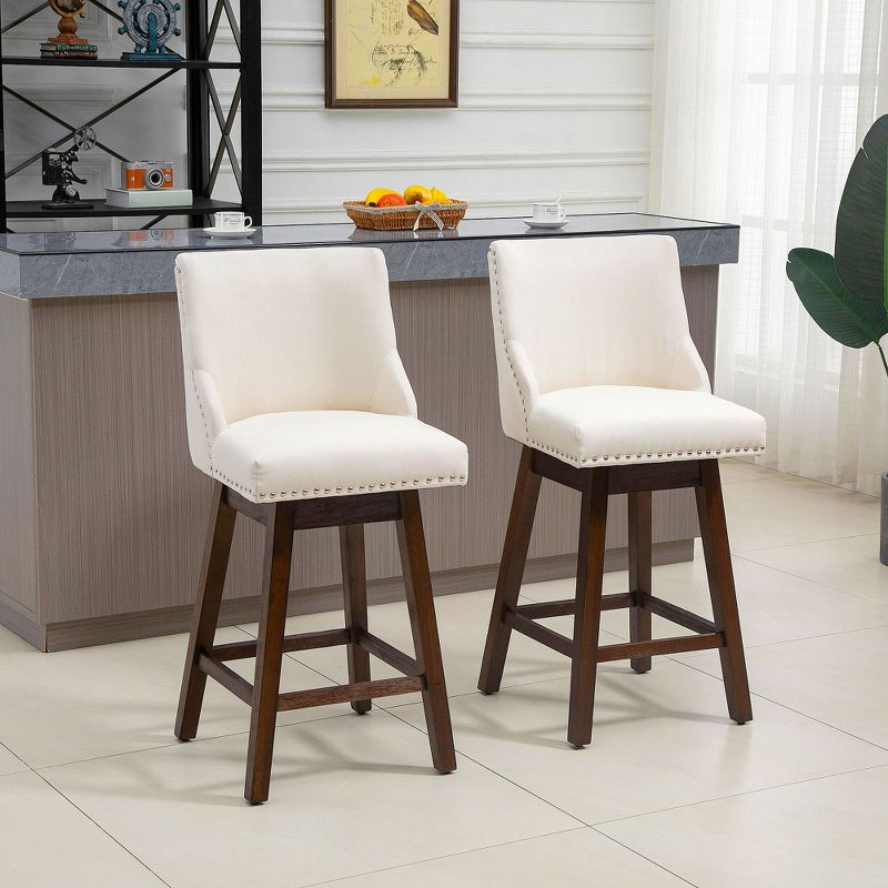 HOMCOM 28" Swivel Bar Height Bar Stools Set of 2, Armless Upholstered Barstools Chairs with Nailhead Trim and Wood Legs, Cream White