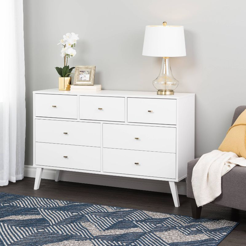 Prepac 7 Drawer Milo Mid-Century Modern Dresser White: Laminated, Metal Glides, MDF Composite