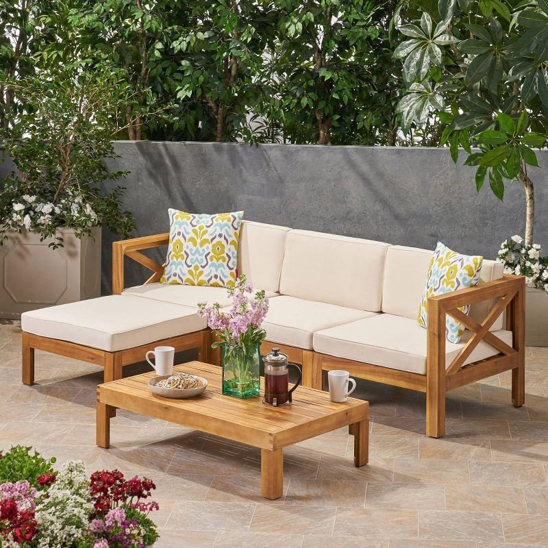 Alcove 5pc Acacia Wood Sofa Set - Teak/Beige - Christopher Knight Home: Weather-Resistant Outdoor Seating with Coffee Table
