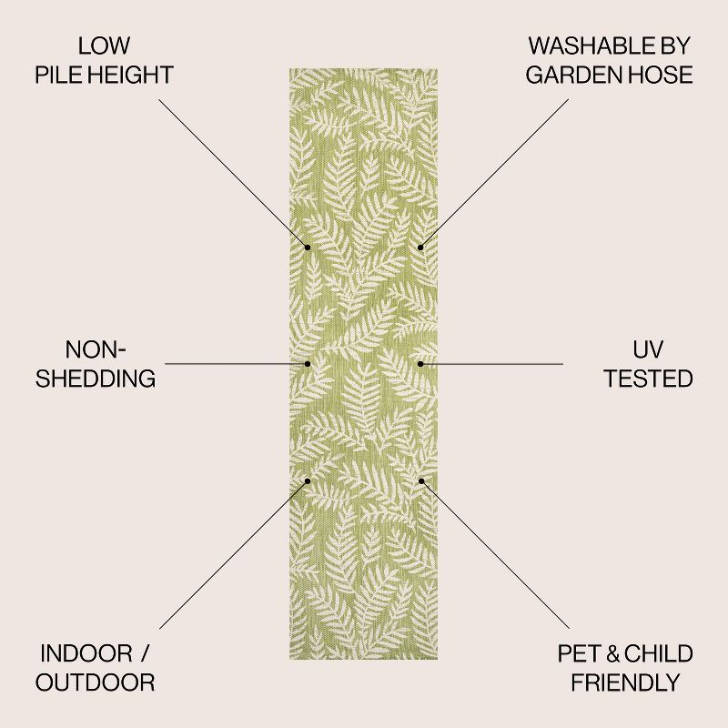 2' x 10' Nevis Palm Frond Indoor/Outdoor Runner Rug, Green/Cream - JONATHAN Y