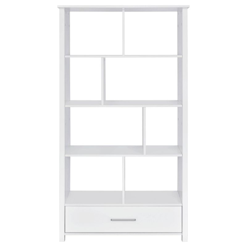 Coaster 68" Dylan 8 Shelf Bookcase with Storage Drawer White High Gloss : Laminated, Modern Design, Zinc Alloy Hardware