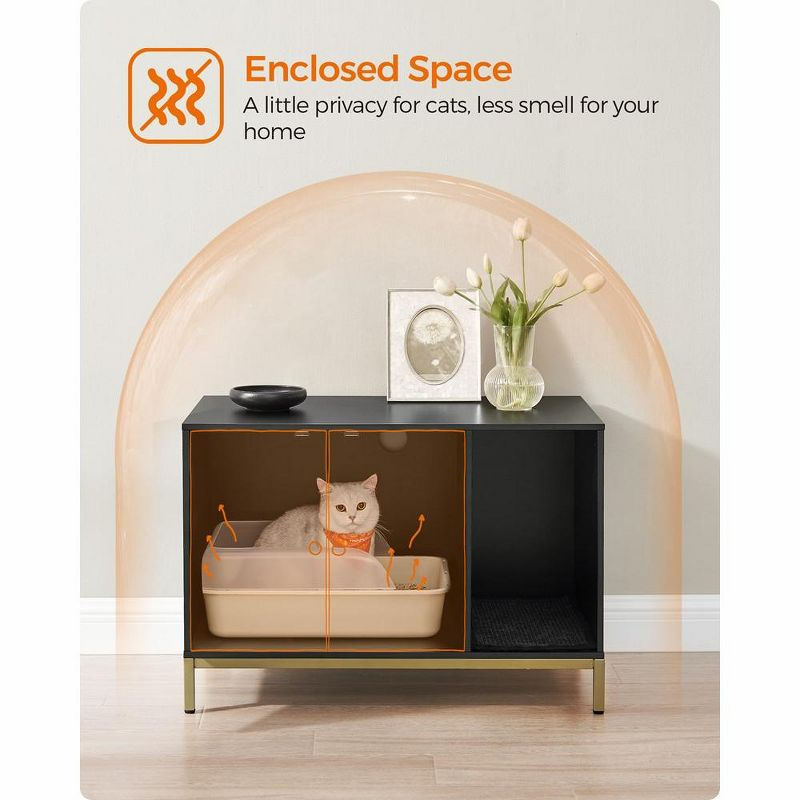 Feandrea Litter Box Enclosure, Modern Furniture with Scratching Mat, Cat House Simply Black and Metallic Gold