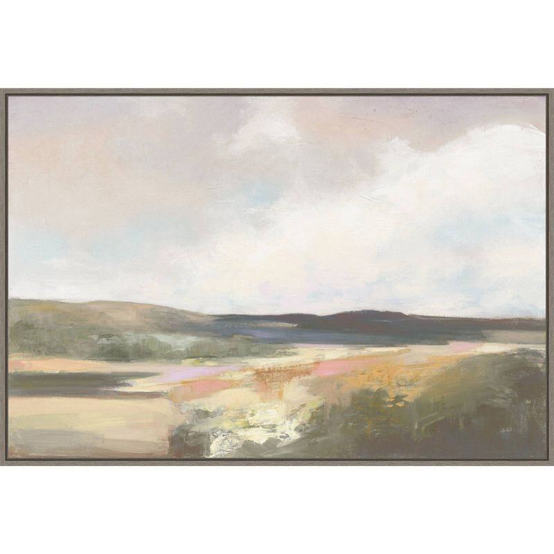 33" x 23" Dawn by The Water Neutral by Julia Purinton Framed Canvas Wall Art Print - Amanti Art: Rolling Hills & Waves