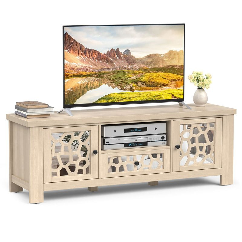 Tangkula 55" Retro TV Stand Media Entertainment Center w/ Mirror Doors & Drawer Natural