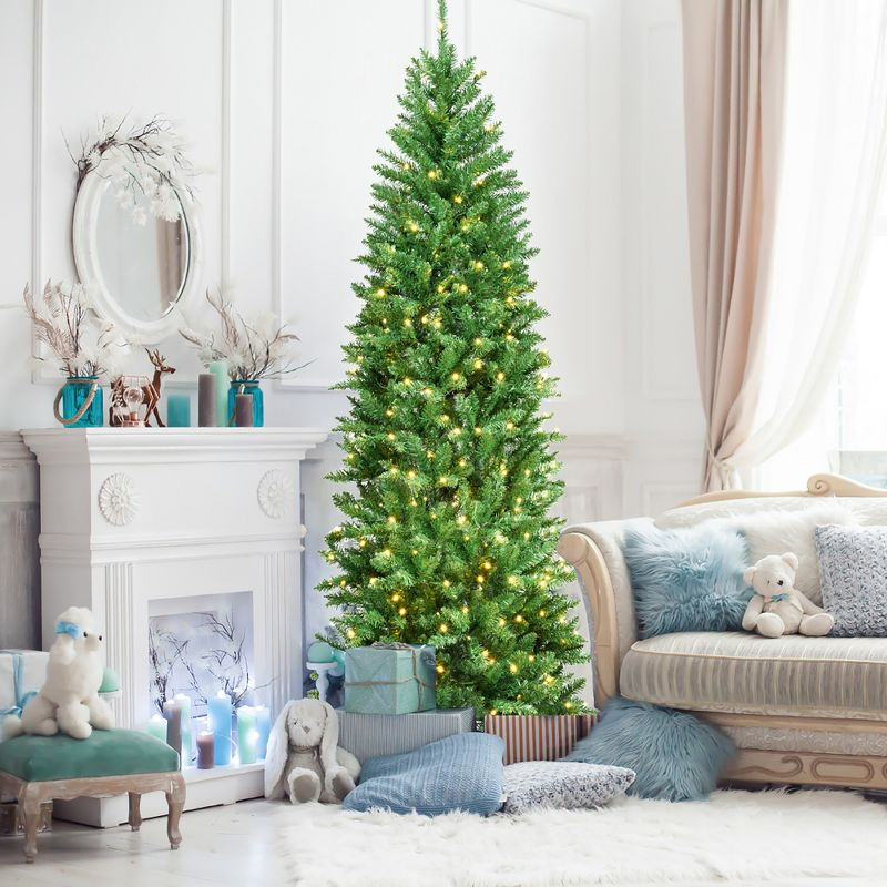Costway 7Ft Pre-lit Artificial Pencil Christmas Tree Hinged Fir PVC Tree with 350 LED Lights