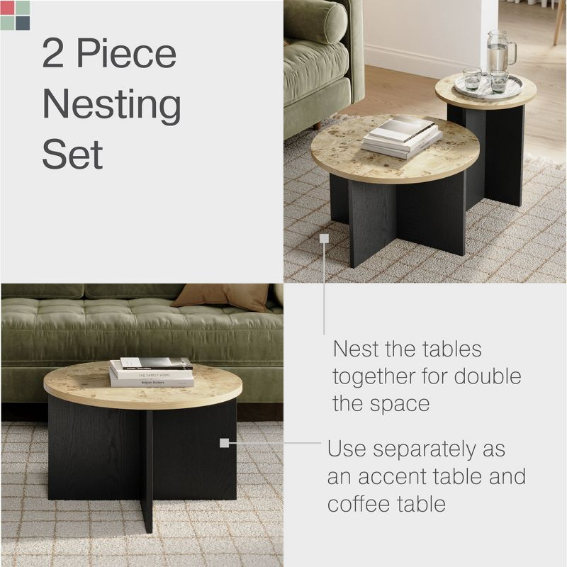 Stead Black and Burl Wood Coffee Table - Black and Wood Coffee Table - Round Nesting - 2 Piece Coffee Table Set