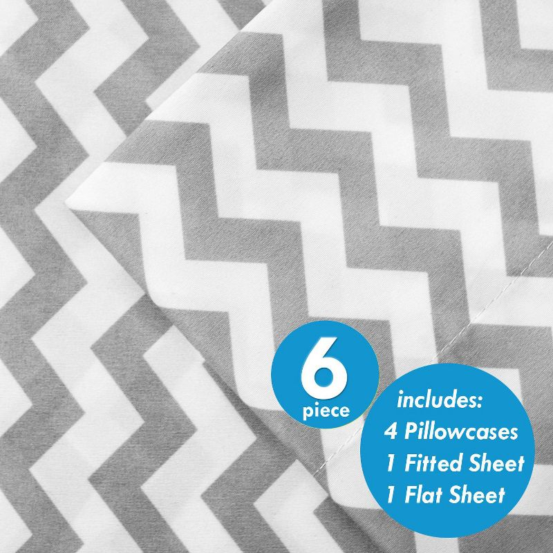 6 Piece Chevron Printed Gray Sheet Set, Deluxe Ultra Soft 1500 Series, Double Brushed Microfiber by Sweet Home Collection® - Queen