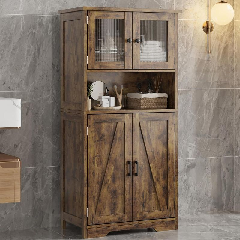 Freestanding Floor Linen Storage Cabinet with Glass Doors & Adjustable Shelves, Standing Cupboard for Bathroom, Kitchen, Living Room, Vintage