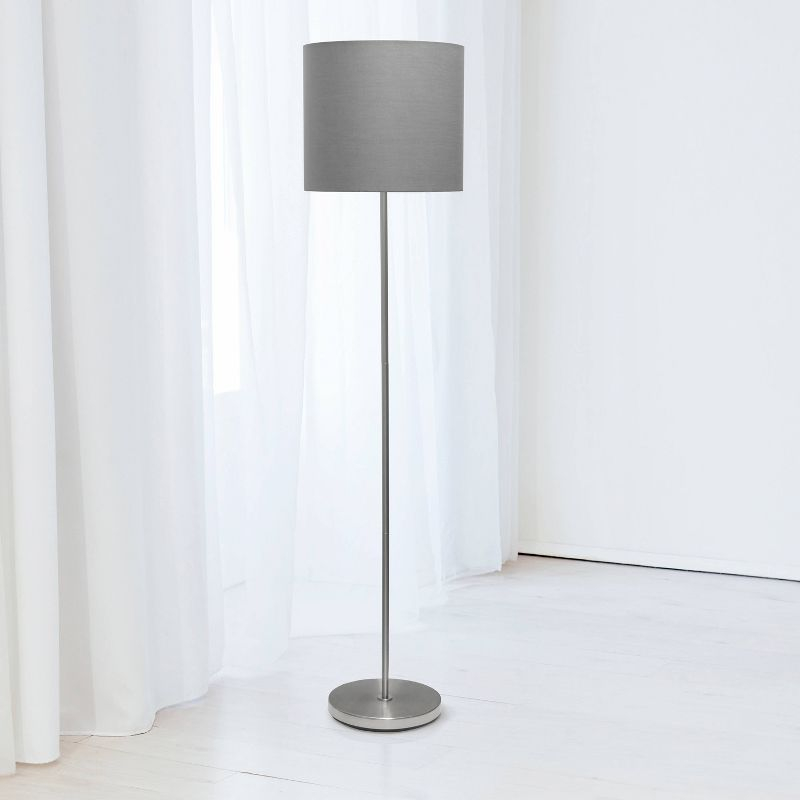 Simple Designs Drum Shade Floor Lamp Gray : Brushed Nickel Finish, Cotton Shade, ETL Listed, Modern Decor