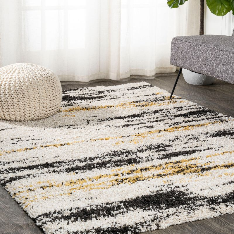 8'x10' Nova Modern Bold Strie' Shag Area Rug, Beige/Black/Yellow - JONATHAN Y