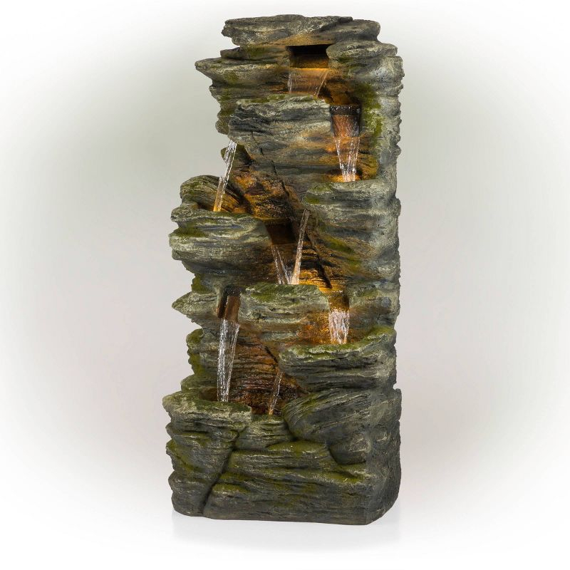 51" Resin Rock Cascading Fountain with LED Lights Gray - Alpine Corporation: Waterfall Feature, Birdbath