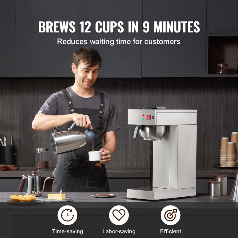 VEVOR 12 Cups Commercial Drip Coffee Maker, Coffee Maker Machine with Thermal Carafe to Keep Warm or Cold, Stainless Steel Pour Over Coffee Brewer