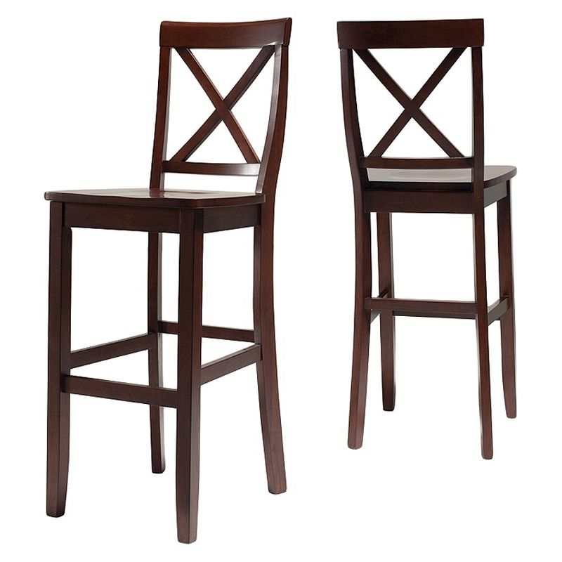 Crosley Set of 2 30" X-Back Barstools Mahogany: Traditional Farmhouse Design, Rubberwood Frame, Footrest