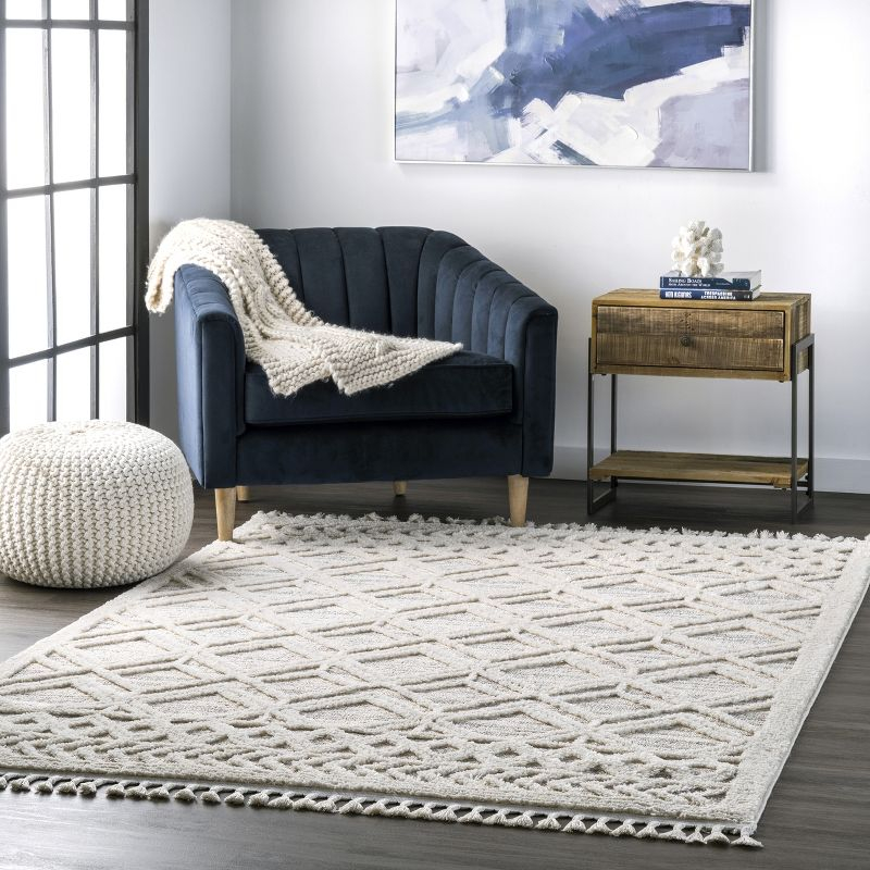 Nuloom 8x11 Ansley Moroccan Tassel Indoor Area Rug, Light Grey, Textured Bohemian Design, Plush High Pile, Stain Resistant, Bedroom, Living Room