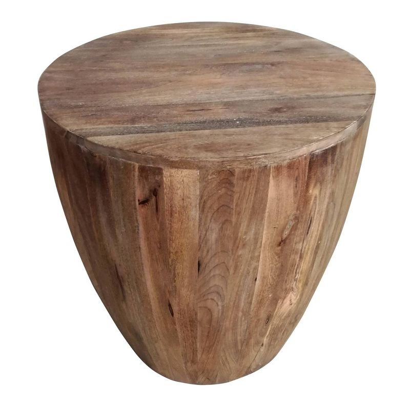 The Urban Port Hand Carved Cylindrical Shape Round Mango Wood Distressed Wooden Side End Table Brown: No Assembly, Polished Finish