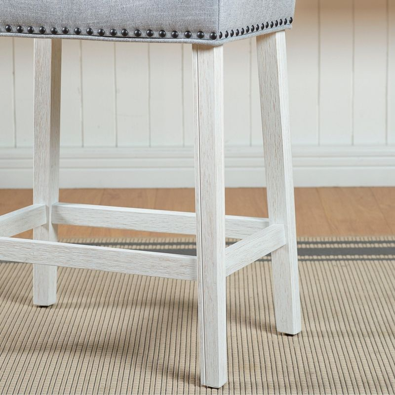 Roundhill Furniture CoCo Upholstered Counter Height Stools - Saddle Seat, White-Washed Finish, Gray Fabric, Set of 2