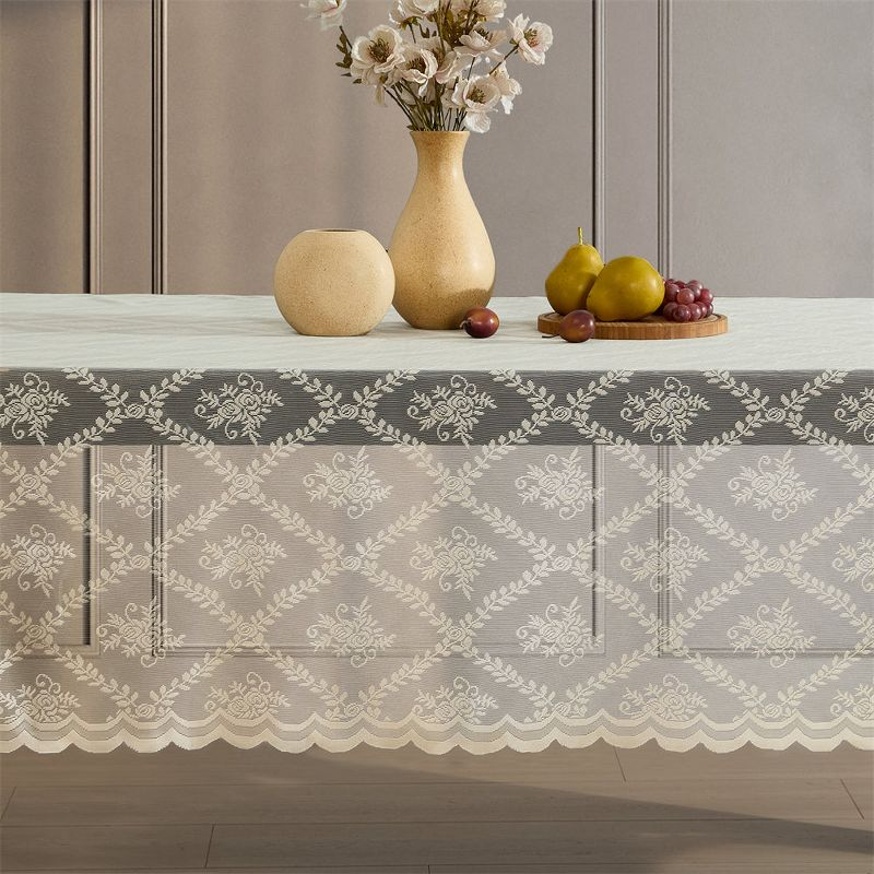 HLC.ME Isabella Floral Patterned Scalloped Tablecloth, Wrinkle Resistant, Lace Fabric Table Cloth for Round Tables - Linen, 70 Round