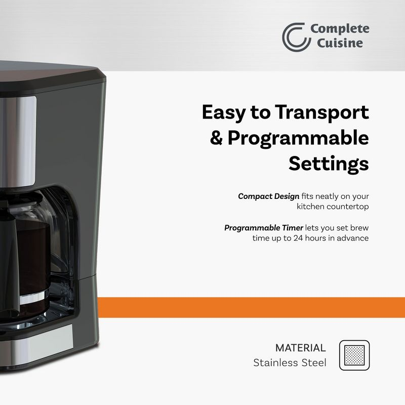 Complete Cuisine 12-Cup Drip Coffee Maker, Programmable Timer, Stainless Steel, Reusable Filter, Auto Shut-Off, Hot Brew Function, Black/Silver