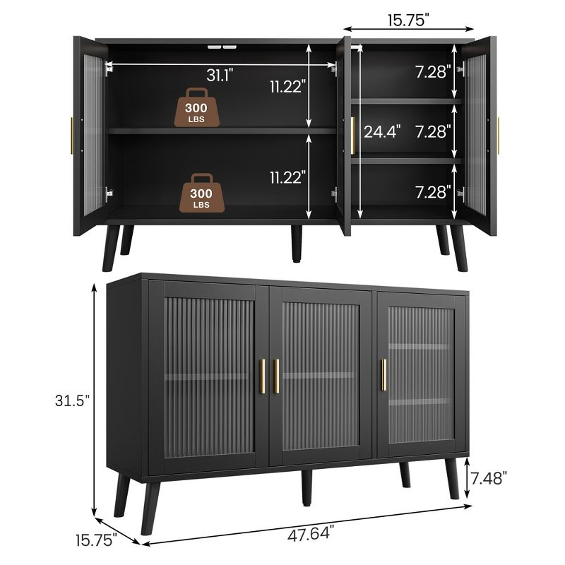 Buffet Cabinet with Storage, 48" Large Sideboard Cabinet with 3 Fluted Glass Doors, Black Cabinet for Kitchen, Dinning Room, Hallway, Living Room