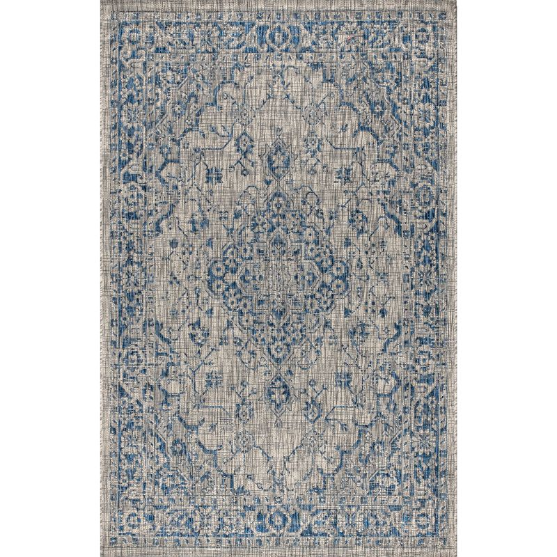 3'x5' Rozetta Boho Medallion Textured Weave Indoor/Outdoor Area Rug, Gray/Navy - JONATHAN Y
