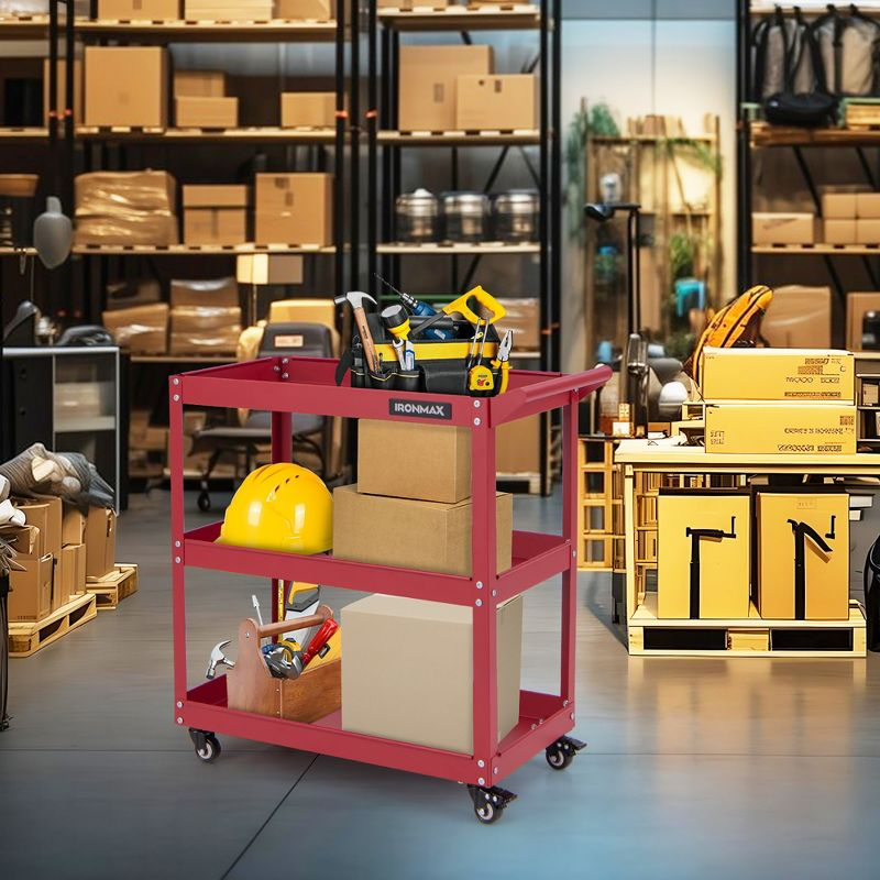 Tangkula 3-Tier Rolling Tool Cart w/ 3 Spacious Shelves 4 Universal Wheels w/ 2 Brakes Red