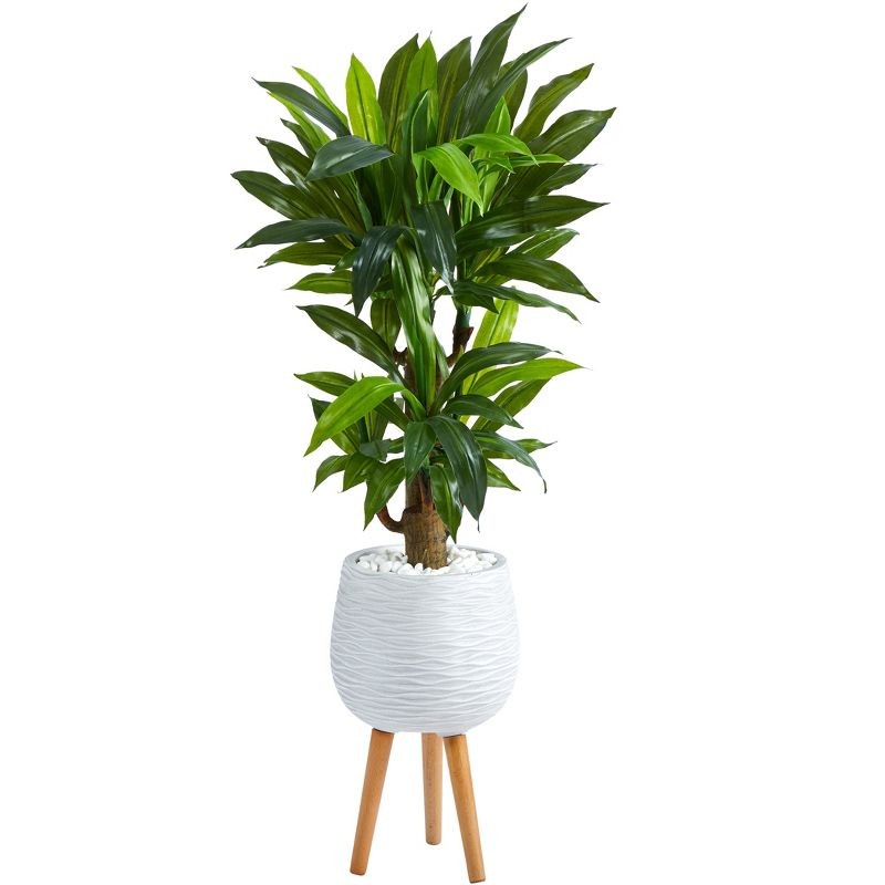 Nearly Natural 46-in Corn Stalk Dracaena Artificial Plant in White Planter with Stand (Real Touch)