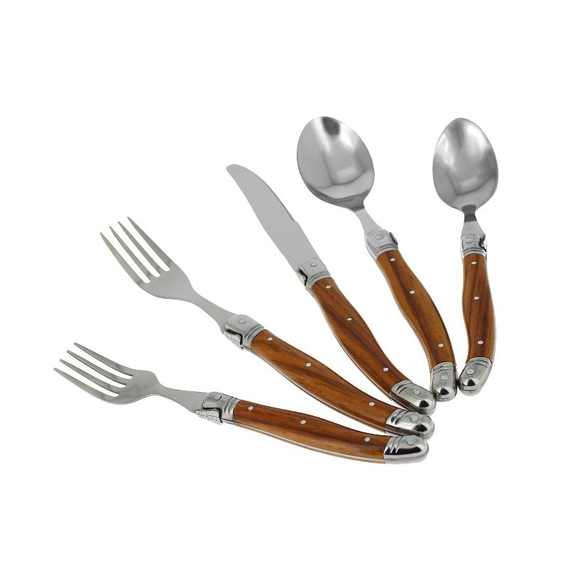 20pc Stainless Steel Laguiole Wood Grain Flatware Set Brown - French Home: Silverware Set, Ergonomic Grip, Service for 4