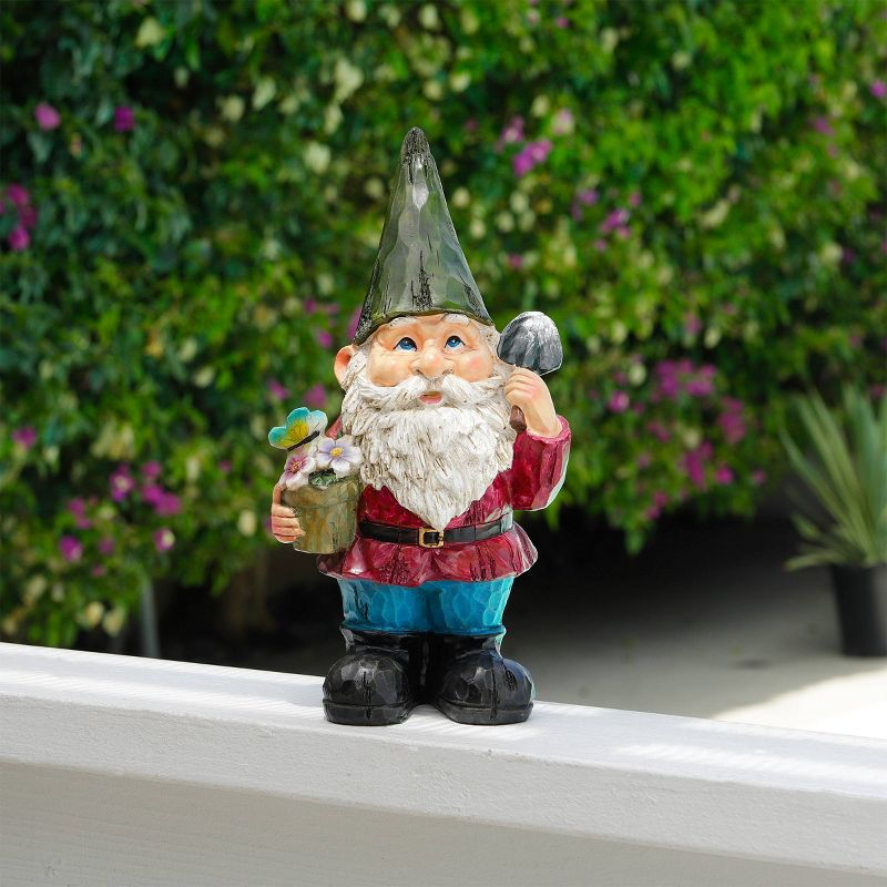 12" Polyresin Gnome With Flower Pot Statue - Alpine Corporation: Outdoor Decorative Sculpture for Patio & Garden