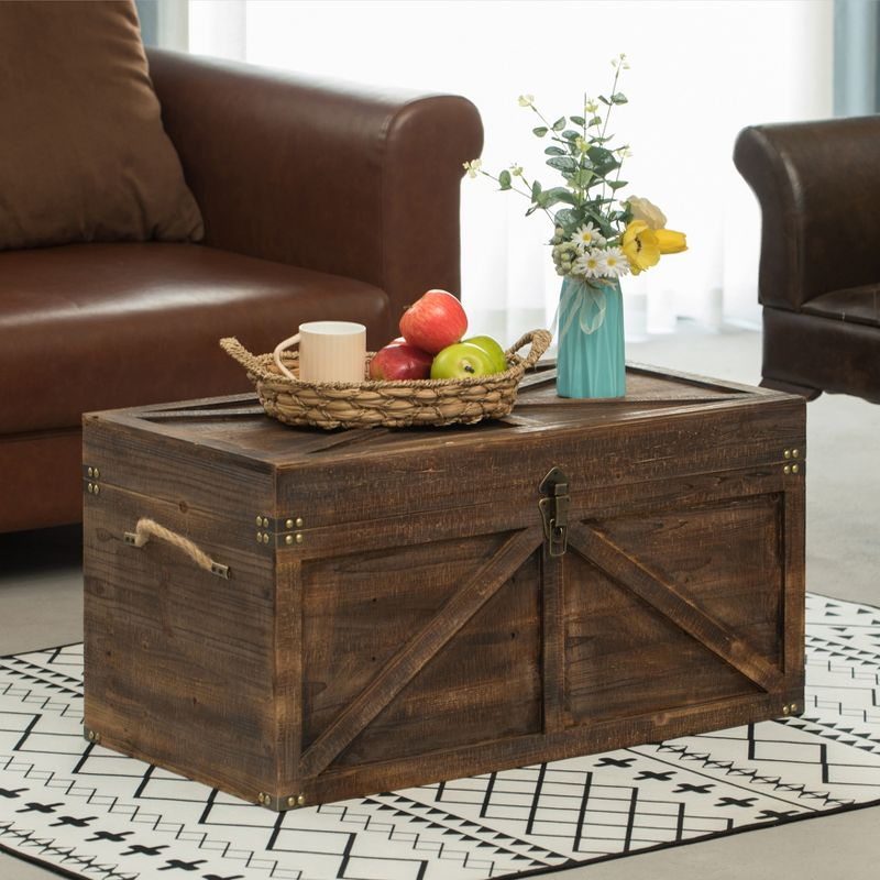 Vintiquewise Vintiquewise Brown Large Wooden Lockable Trunk Farmhouse Style Rustic Design Lined Storage Chest with Rope Handles