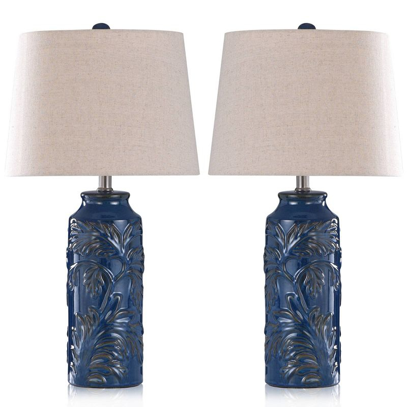 Set of 2 Cloverfield Ceramic Table Lamps Navy Blue - StyleCraft: Botanical Pattern, White Linen Shade