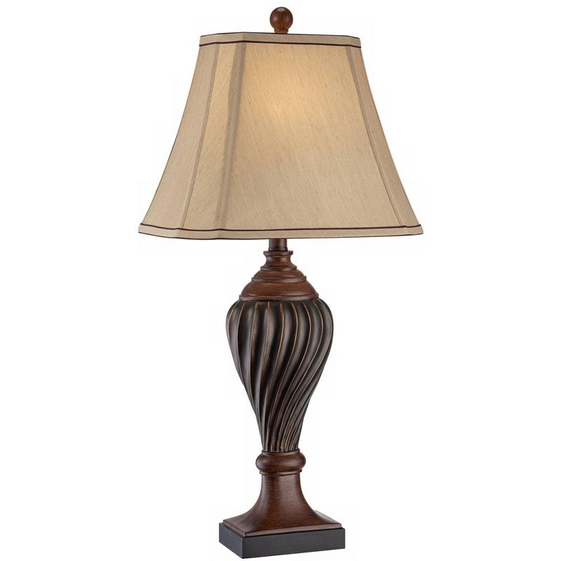 Regency Hill Traditional Table Lamp 28.5" Tall Carved Two Tone Brown Urn Shaped Beige Fabric Shade for Living Room Family Bedroom Bedside