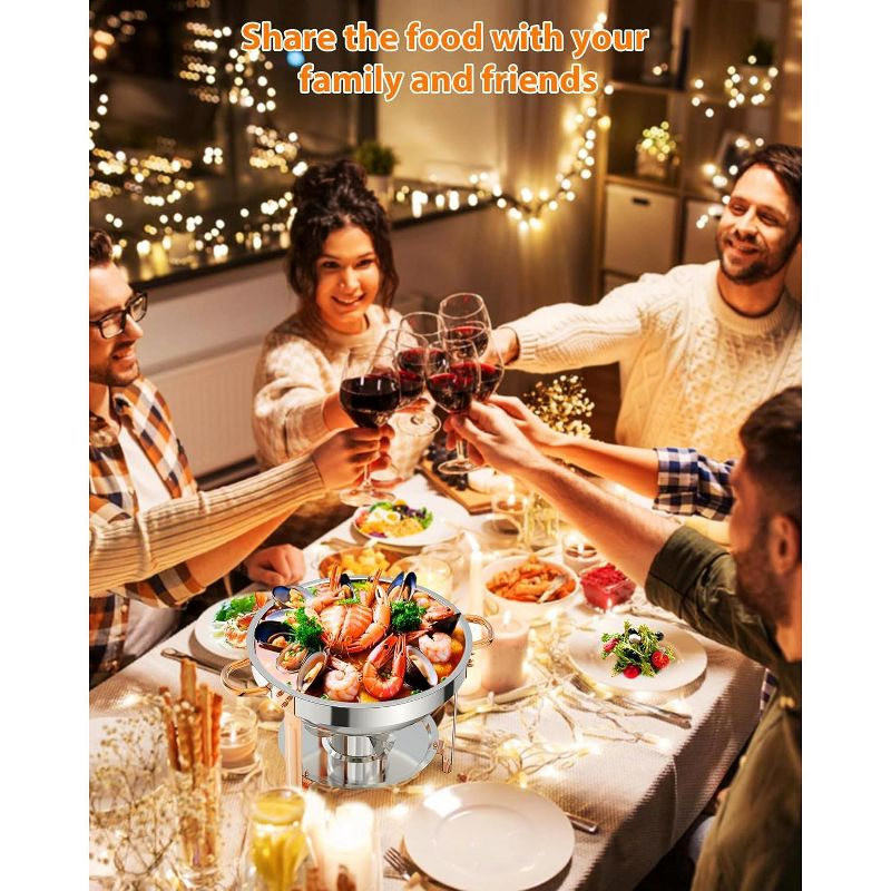 5QT round chafing dish buffet set (2-pack) in Rose Gold, NSF-certified stainless steel with lid, spoon, and tweezer, ideal for catering and events.