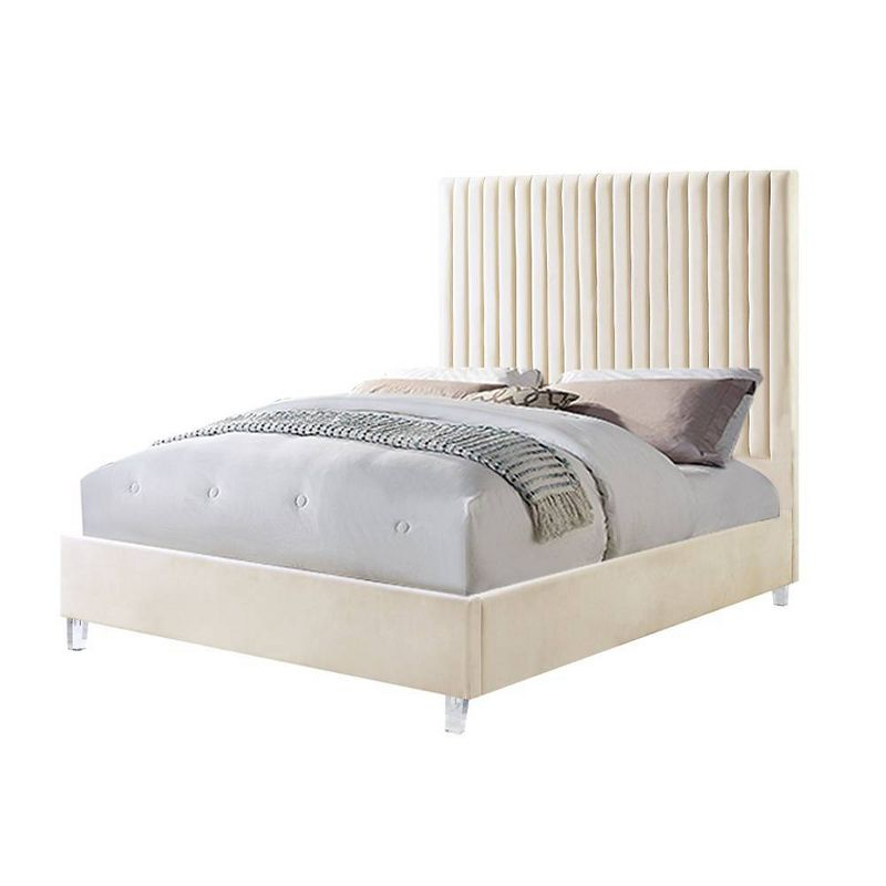 Acme Furniture 86" Queen Bed Edzia Bed Beige Velvet: Luxurious Upholstered Panel, Wood Frame, Acrylic Textile