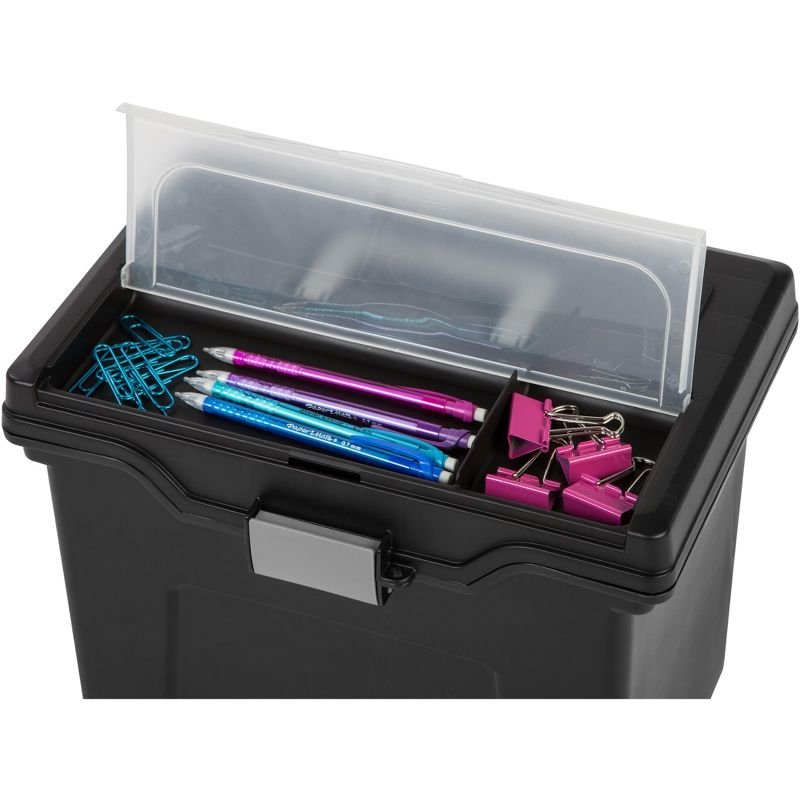 IRIS USA File Box Portable File Organizer Plastic File Box for Letter File w/ Organizer-Lid, Black 4 Pack
