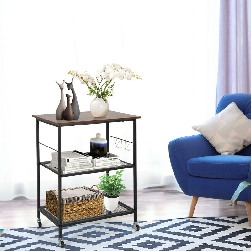 Costway 3-Tier Kitchen Serving Cart Utility Standing Microwave Rack w/ Hooks