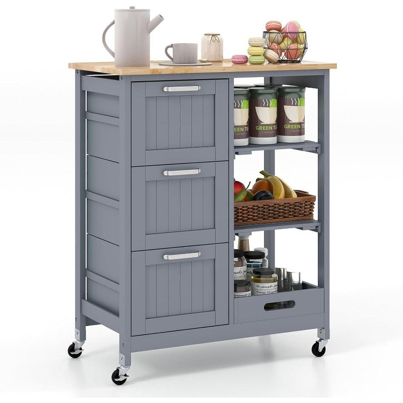 Tangkula Kitchen Island Cart on Wheels w/Rubber Wood Top 3 Storage Drawers & 2 Removable Shelves & Removable Tray Lockable Casters Grey