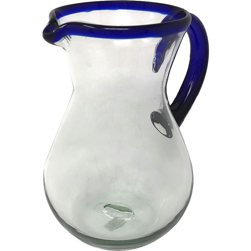 Dos Sueños Mexican Hand Blown  Pitcher - Blue Rim - 84oz -