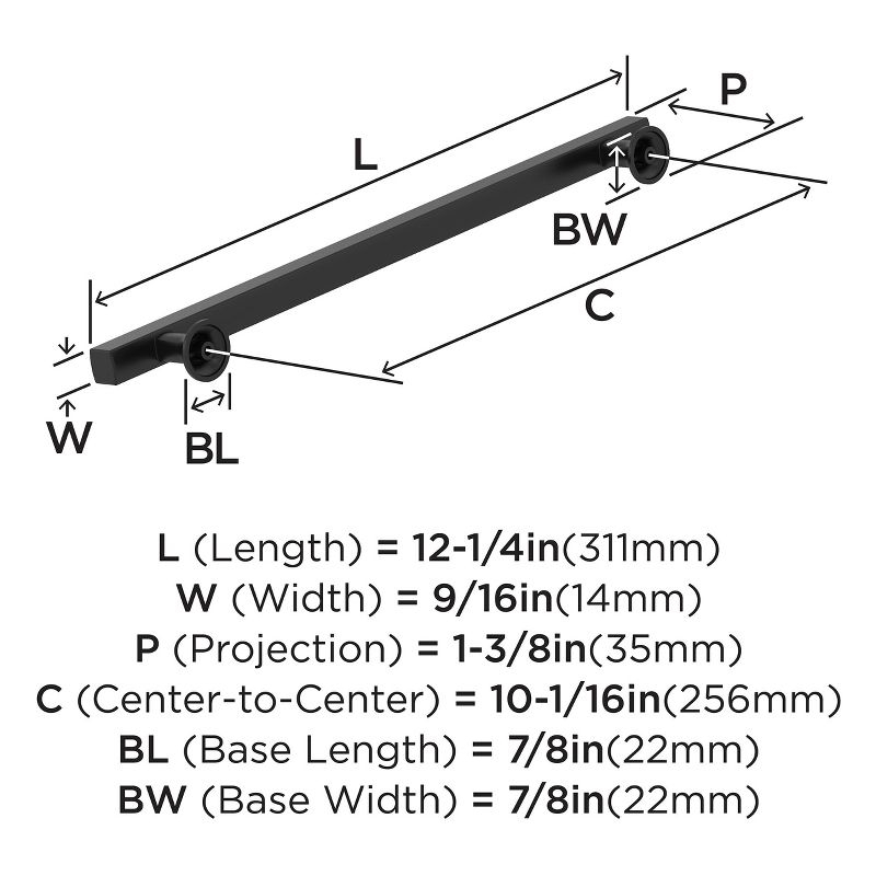 Amerock Everett 10-1/16 inch (256mm) Center-to-Center Matte Black Cabinet Pull