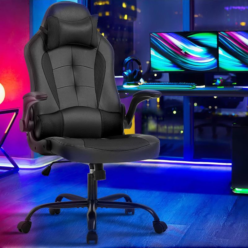 FDW PC Gaming Chair Ergonomic Office Chair Desk Chair with Lumbar Support Flip Up Arms Headrest PU Leather Executive High Back Computer Chair,Black